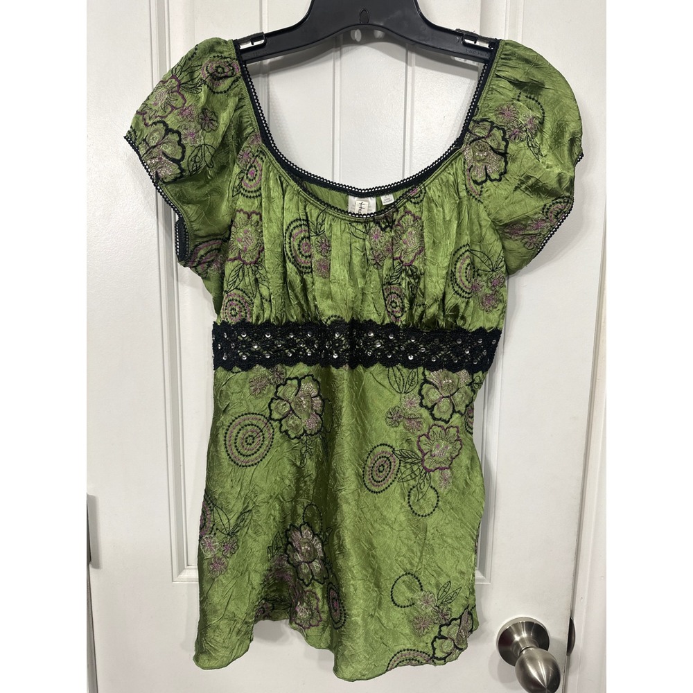 Y2K Heart Soul Green Floral Embroidered Sequin Lace Empire Waist Top Boho Fairy - Picture 1 of 9